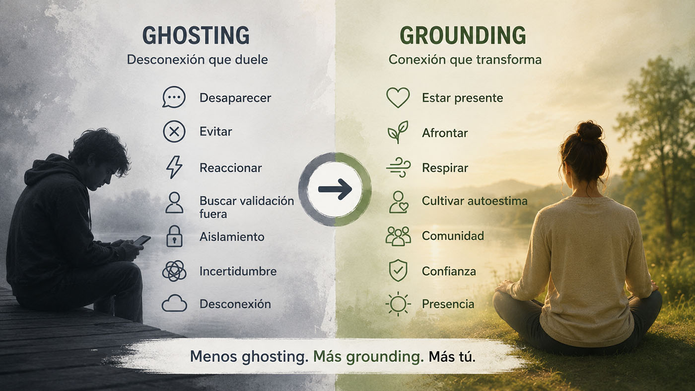 omparativa entre ghosting y grounding que muestra el paso de la desconexión a la conexión personal y a las relaciones auténticas.